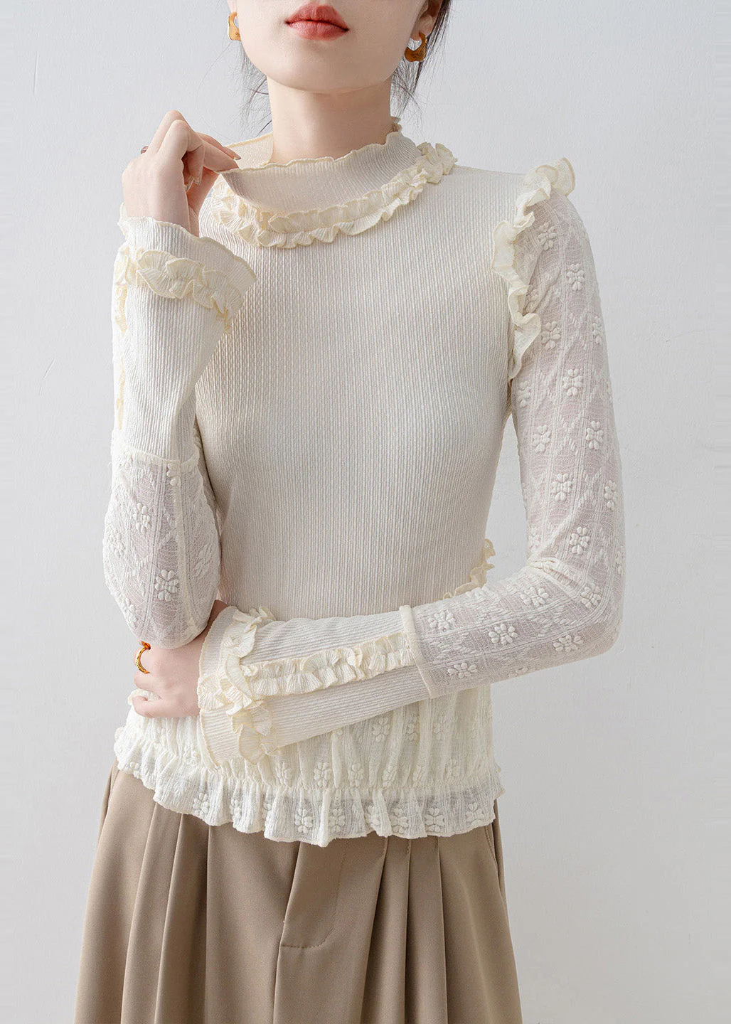 Elegant Beige Ruffled Jacquard Lace Blouses Spring - Image 2
