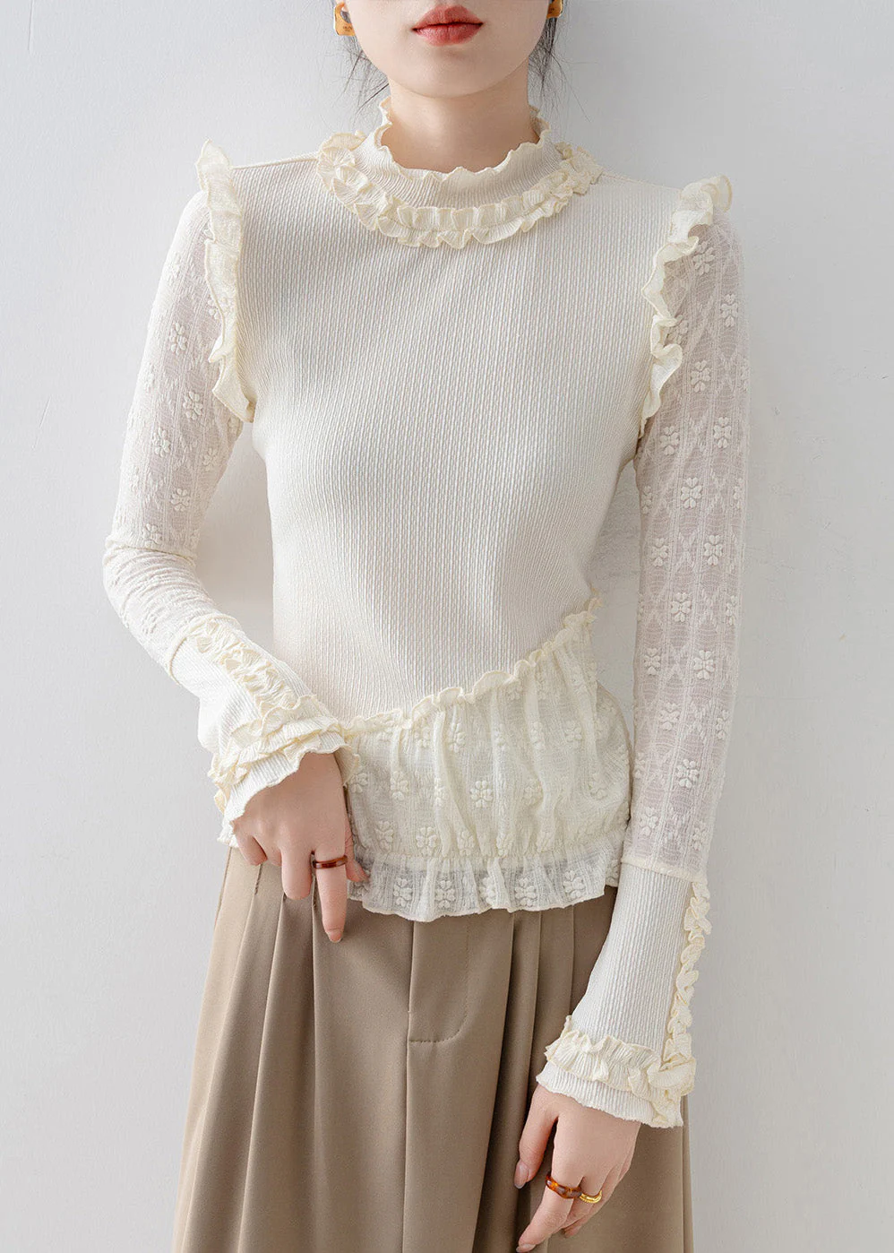 Elegant Beige Ruffled Jacquard Lace Blouses Spring - Image 3