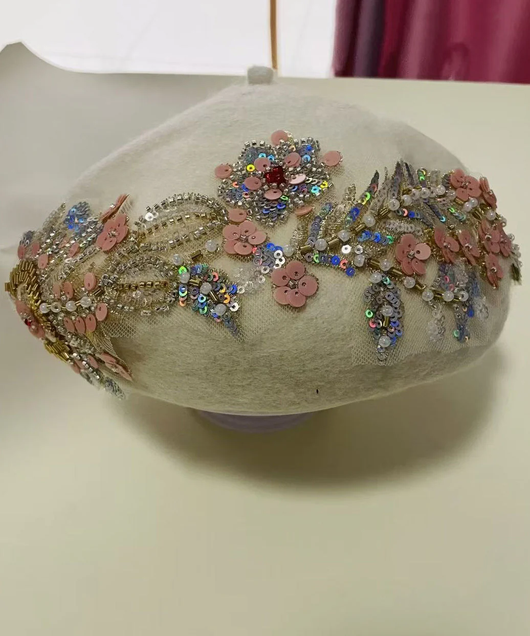 Elegant Beige Sequins Nail Bead Woolen Beret Hat - Image 3