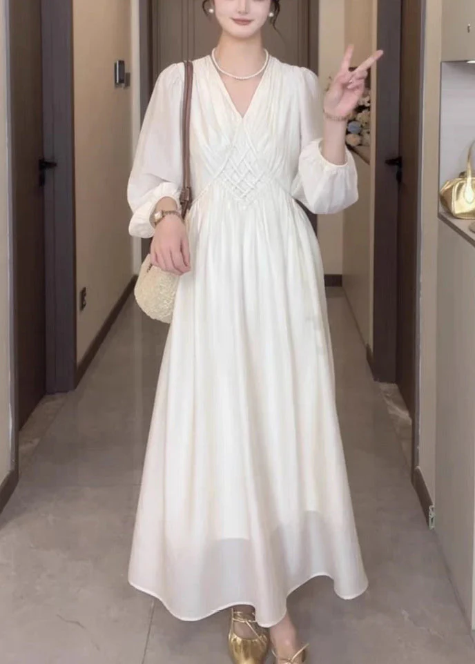 Elegant Beige V Neck High Waist Cotton Long Dress Fall - Image 2