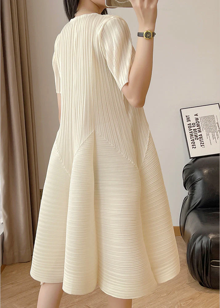 Elegant Beige Wrinkled High Waist Solid Cotton Dresses - Image 4