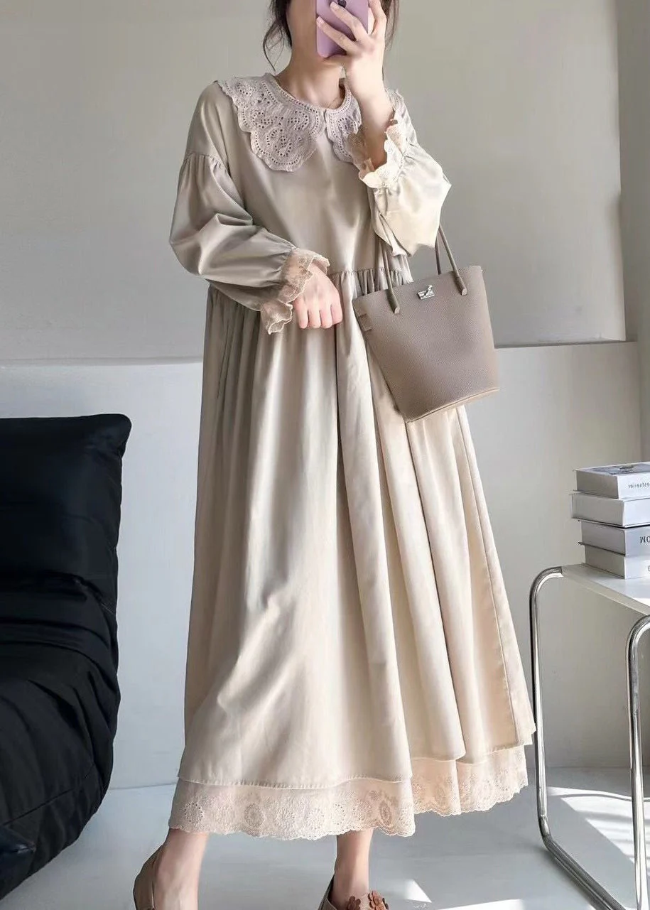 Elegant Beige Wrinkled Lace Patchwork Cotton Dress Spring - Image 3