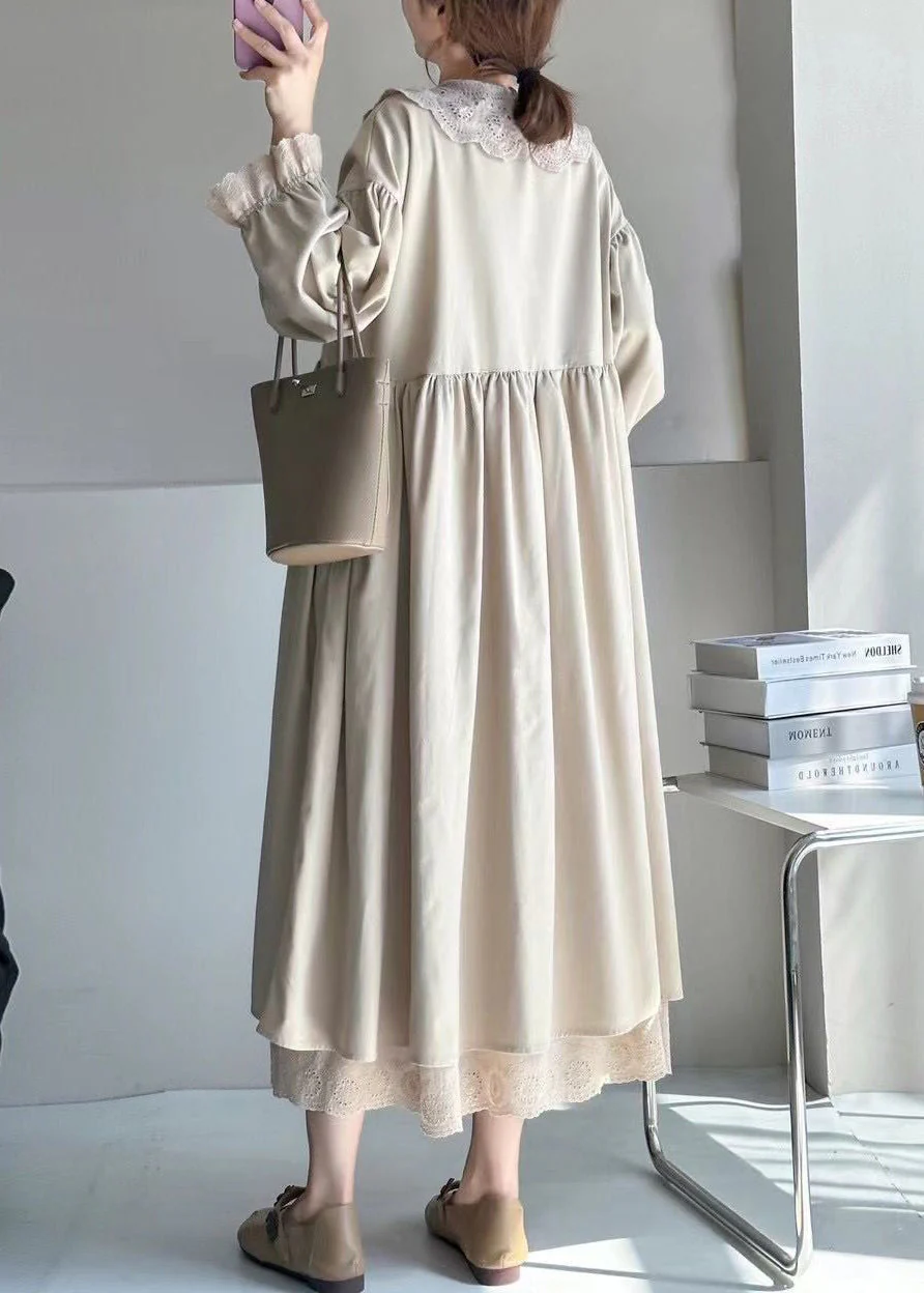 Elegant Beige Wrinkled Lace Patchwork Cotton Dress Spring - Image 4