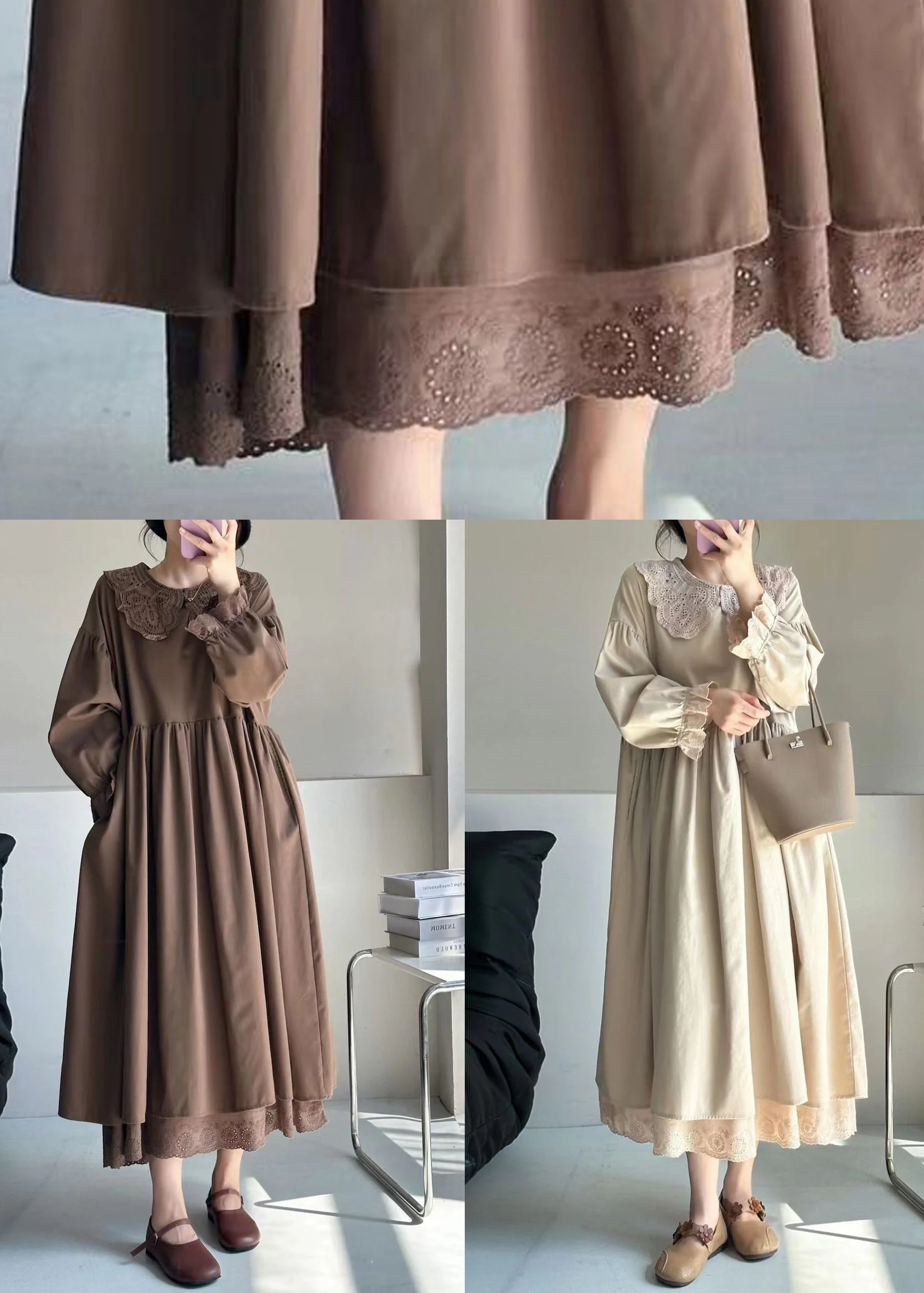 Elegant Beige Wrinkled Lace Patchwork Cotton Dress Spring - Image 5