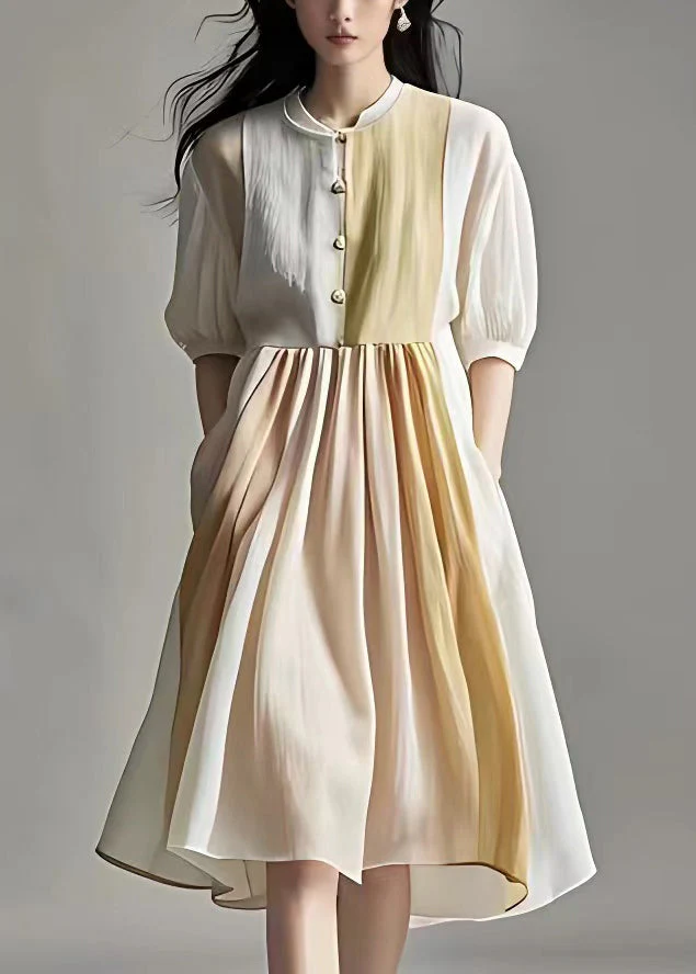 Elegant Beige Wrinkled Pockets Linen Dress Half Sleeve - Image 2