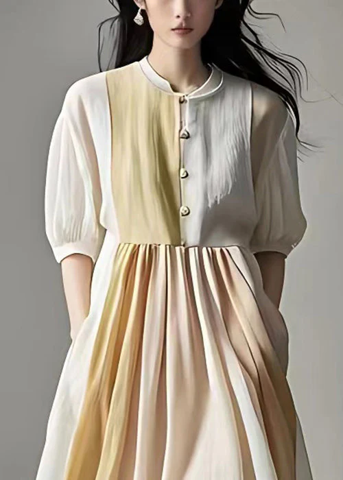 Elegant Beige Wrinkled Pockets Linen Dress Half Sleeve - Image 3