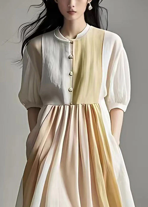 Elegant Beige Wrinkled Pockets Linen Dress Half Sleeve - Image 4
