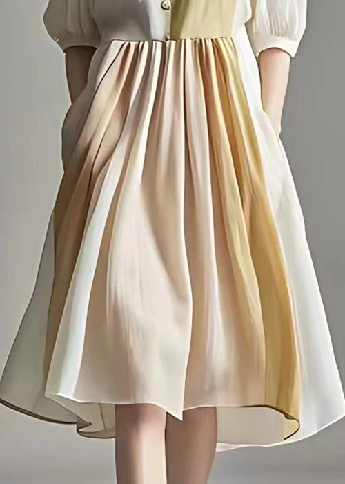 Elegant Beige Wrinkled Pockets Linen Dress Half Sleeve - Image 5