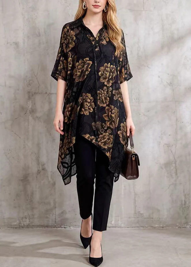 Elegant Black Asymmetrical Floral Silk Blouse Tops Summer - Image 3