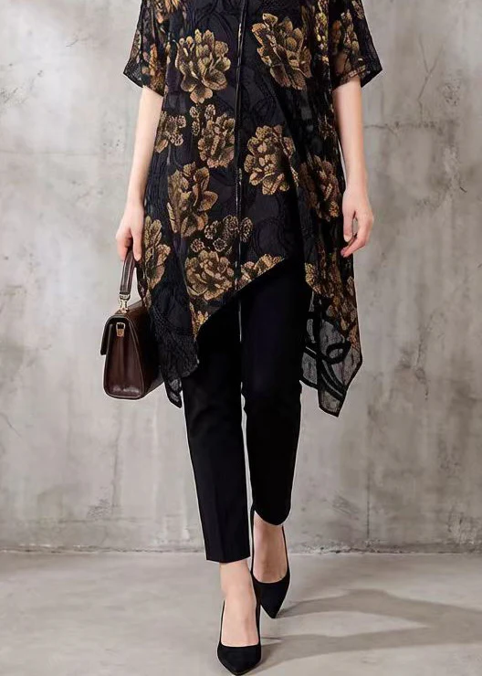 Elegant Black Asymmetrical Floral Silk Blouse Tops Summer - Image 4