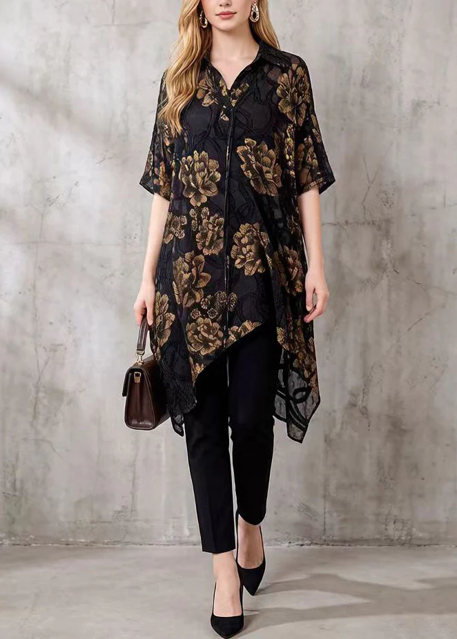 Elegant Black Asymmetrical Floral Silk Blouse Tops Summer - Image 5