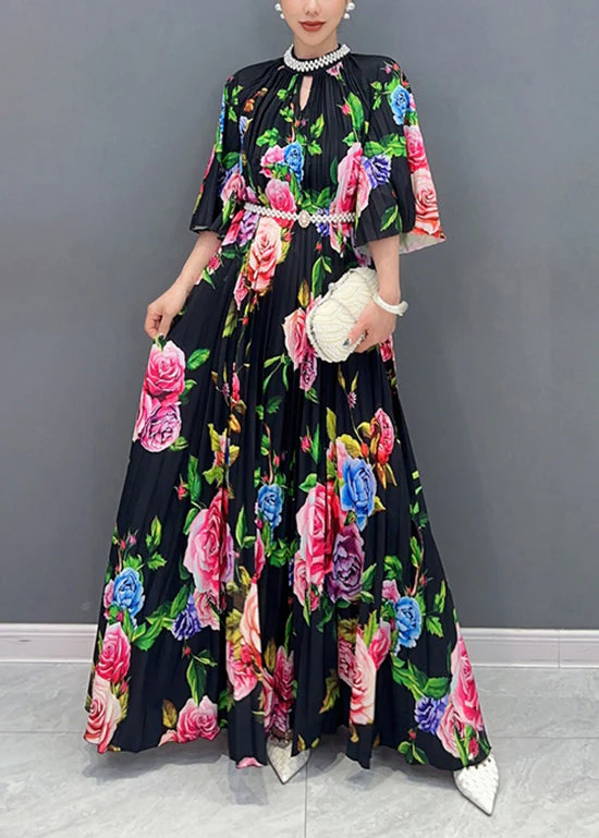 Elegant Black Blossoming Floral Cotton Long Dress Summer - Image 2