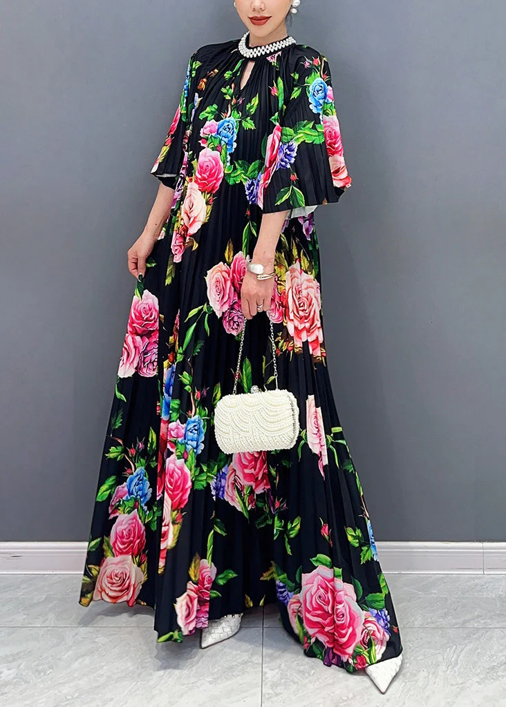 Elegant Black Blossoming Floral Cotton Long Dress Summer - Image 3
