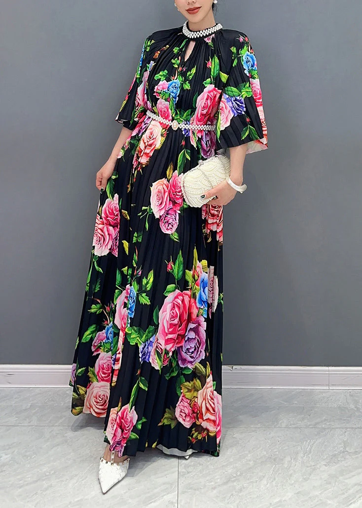 Elegant Black Blossoming Floral Cotton Long Dress Summer - Image 4
