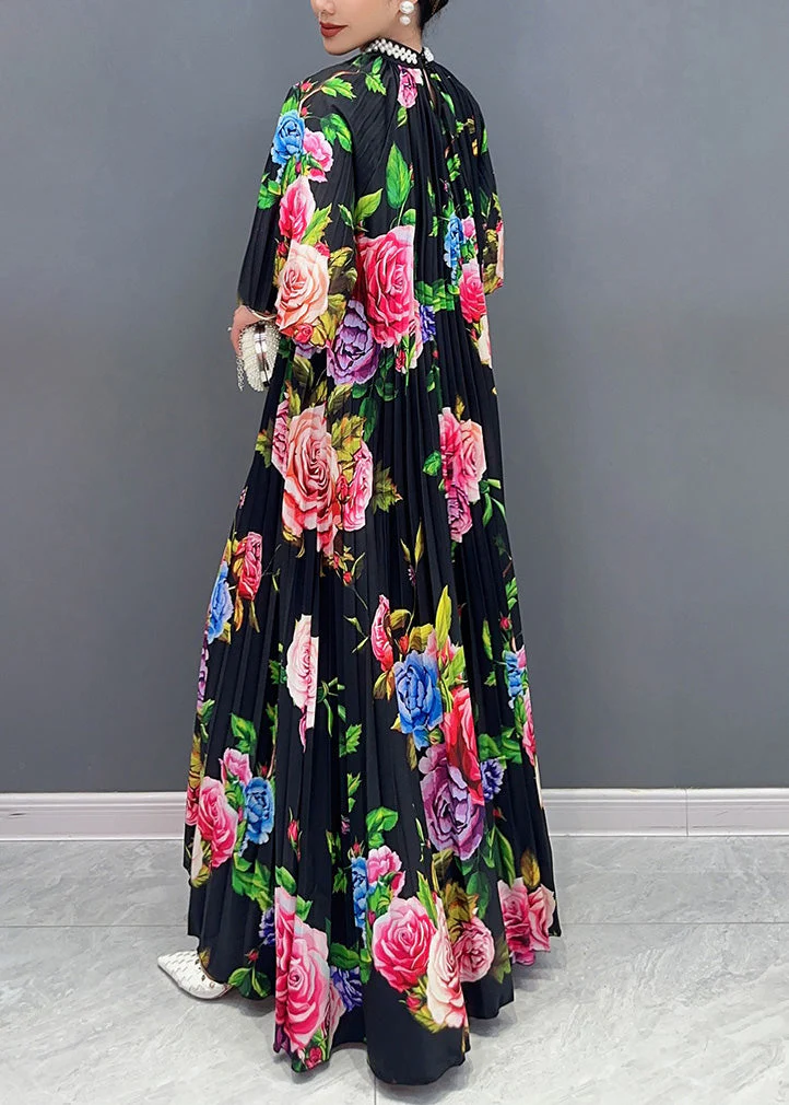 Elegant Black Blossoming Floral Cotton Long Dress Summer - Image 5