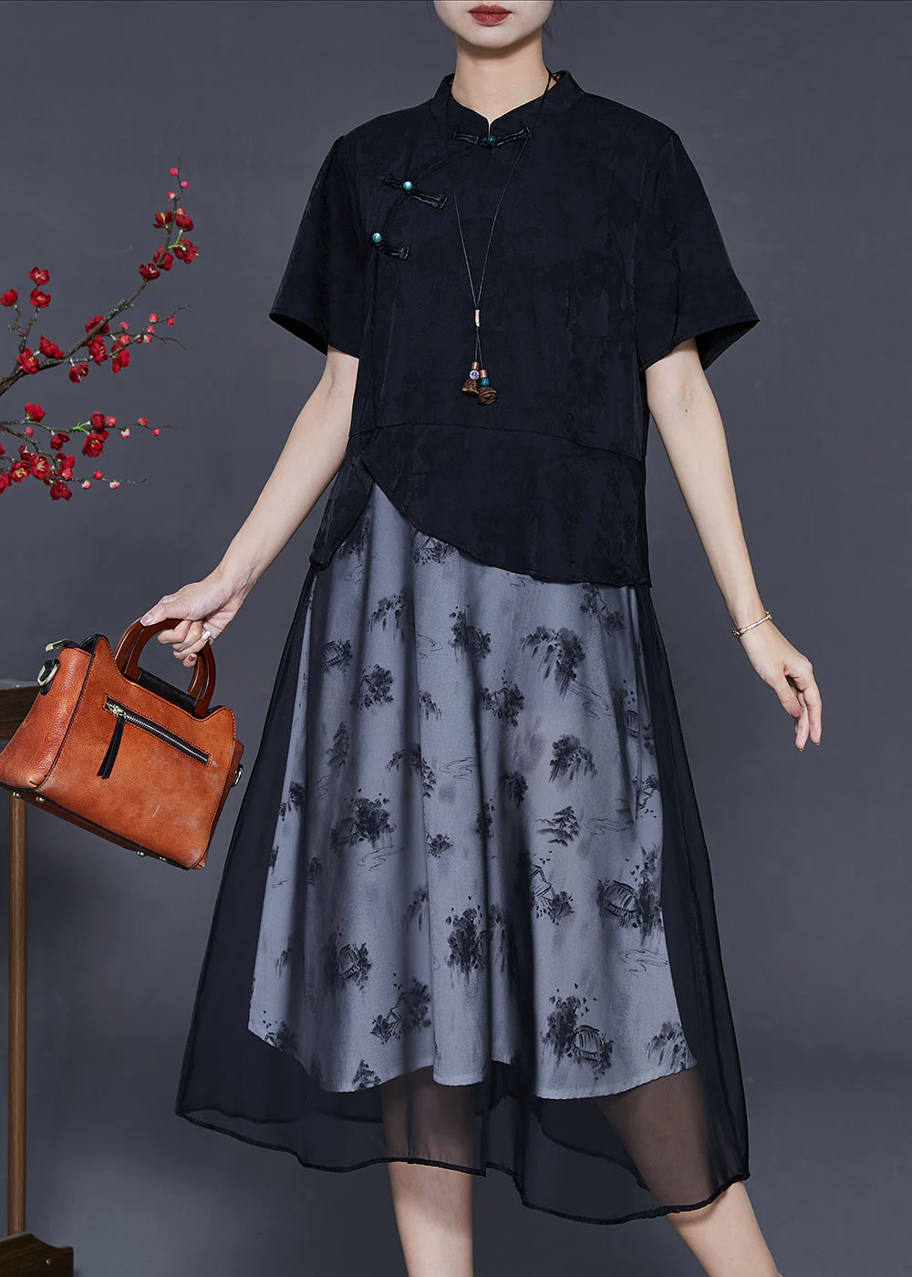 Elegant Black Chinese Button Patchwork Chiffon Dresses Summer - Image 2