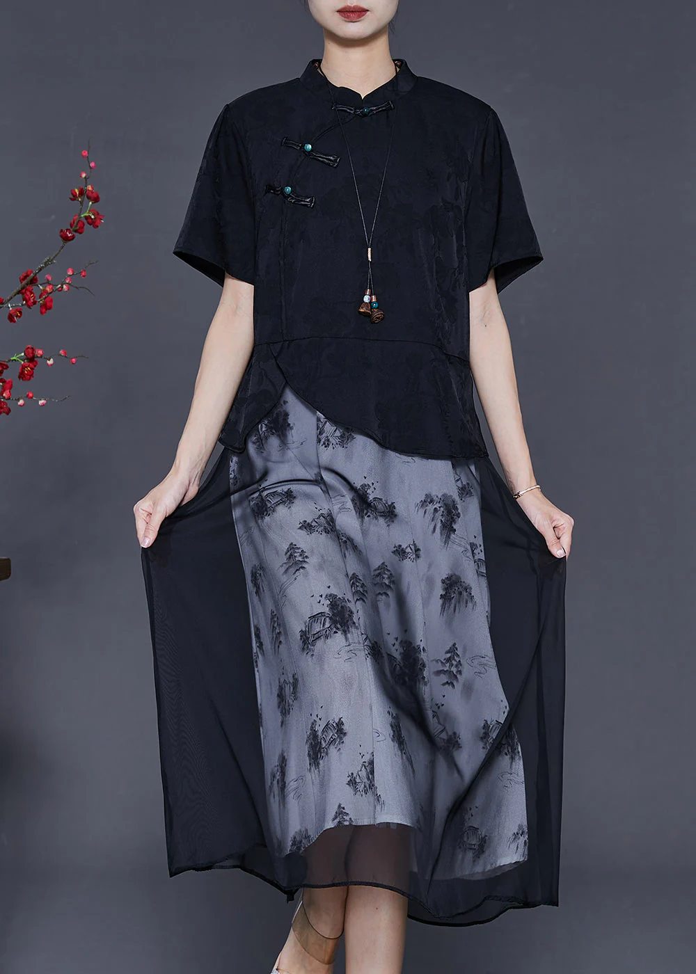 Elegant Black Chinese Button Patchwork Chiffon Dresses Summer - Image 3
