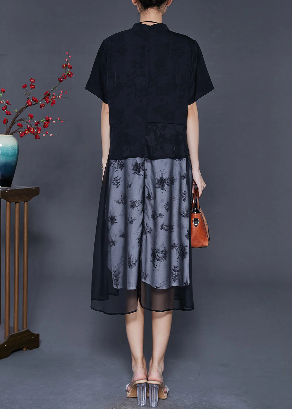Elegant Black Chinese Button Patchwork Chiffon Dresses Summer - Image 4