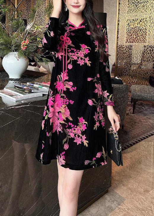 Elegant Black Chinese Button Print Silk Velour Mid Dress Long Sleeve - Image 2