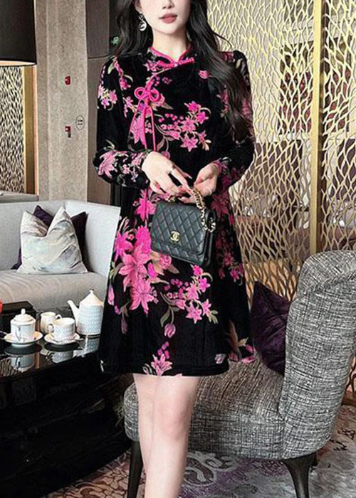 Elegant Black Chinese Button Print Silk Velour Mid Dress Long Sleeve - Image 3
