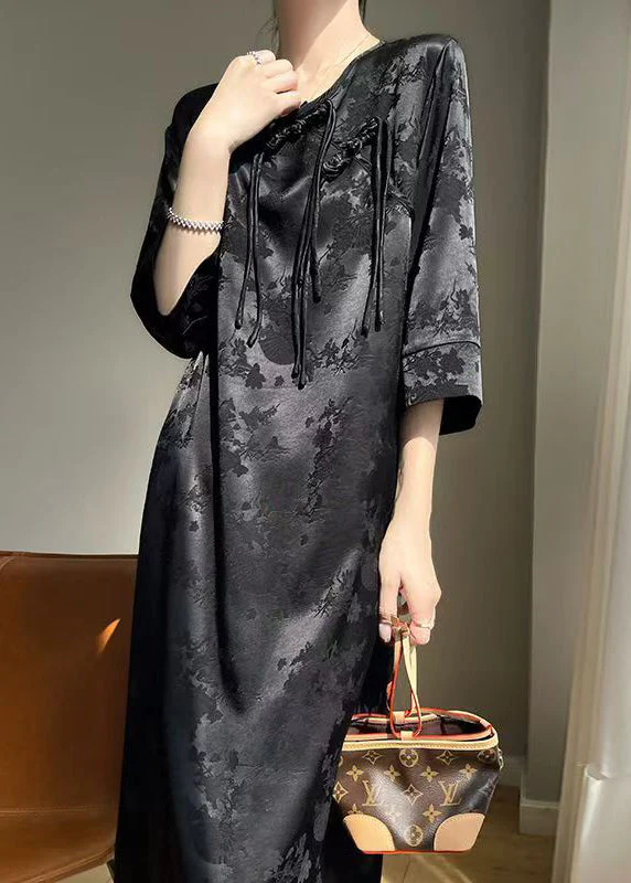 Elegant Black Chinese Button Solid Silk Dresses Fall - Image 4
