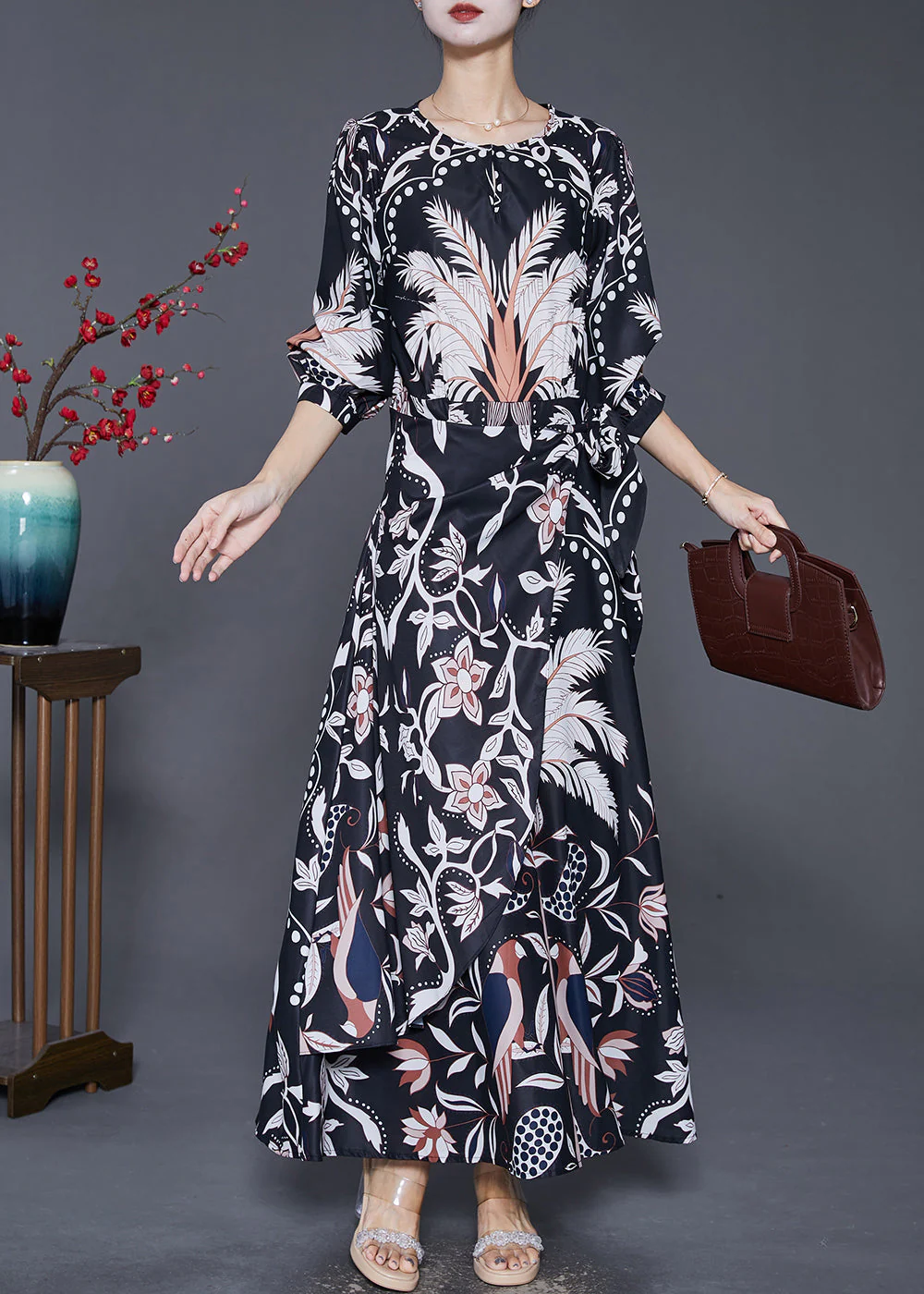 Elegant Black Cinched Print Silk Beach Long Dresses Fall - Image 2