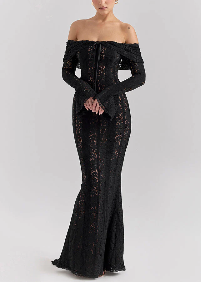 Elegant Black Cold Shoulder Lace Strapless Dress Summer - Image 2