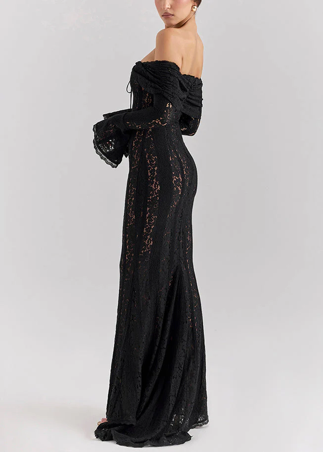 Elegant Black Cold Shoulder Lace Strapless Dress Summer - Image 3