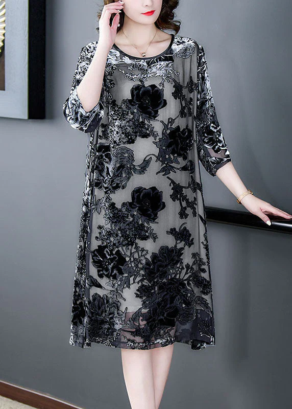 Elegant Black Grey Embroideried Patchwork Silk Dresses Summer - Image 2