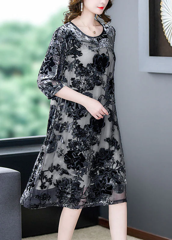 Elegant Black Grey Embroideried Patchwork Silk Dresses Summer - Image 3
