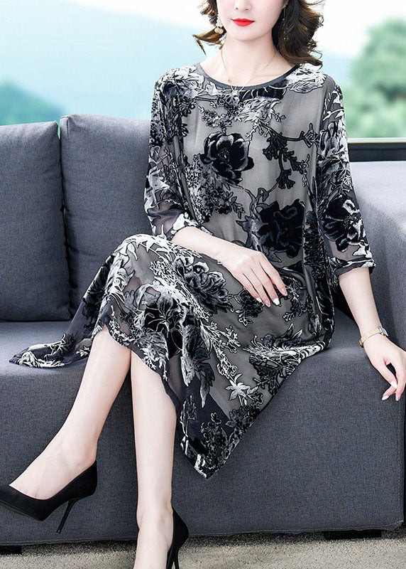 Elegant Black Grey Embroideried Patchwork Silk Dresses Summer - Image 4