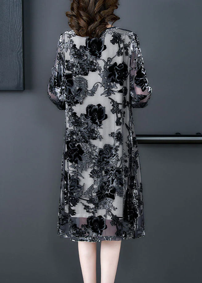 Elegant Black Grey Embroideried Patchwork Silk Dresses Summer - Image 5