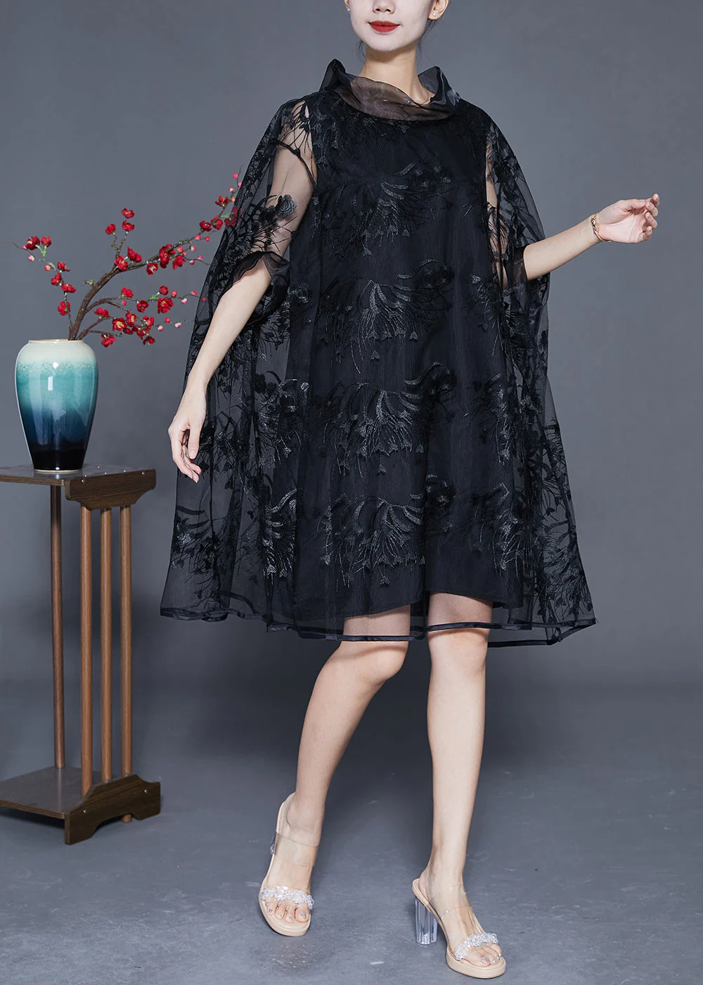 Elegant Black High Neck Embroideried Hollow Out Tulle Dress Cloak Sleeves - Image 2