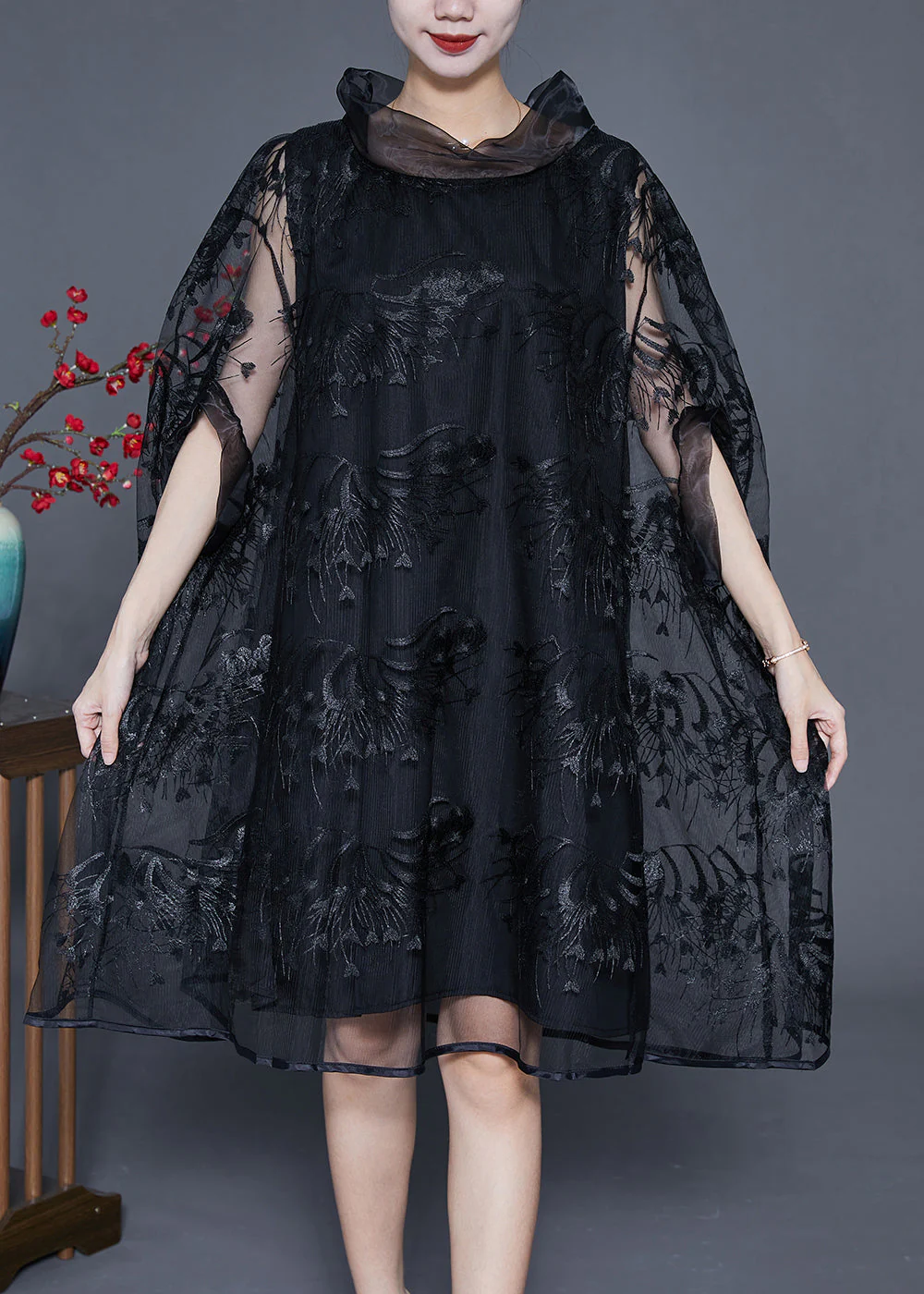 Elegant Black High Neck Embroideried Hollow Out Tulle Dress Cloak Sleeves - Image 4