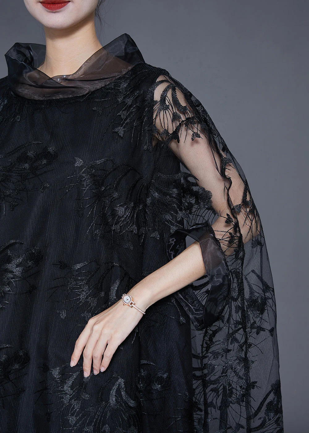 Elegant Black High Neck Embroideried Hollow Out Tulle Dress Cloak Sleeves - Image 5