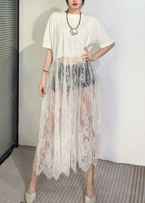 Elegant Black Hollow Out Lace Patchwork T Shirt Dress Summer - Image 2