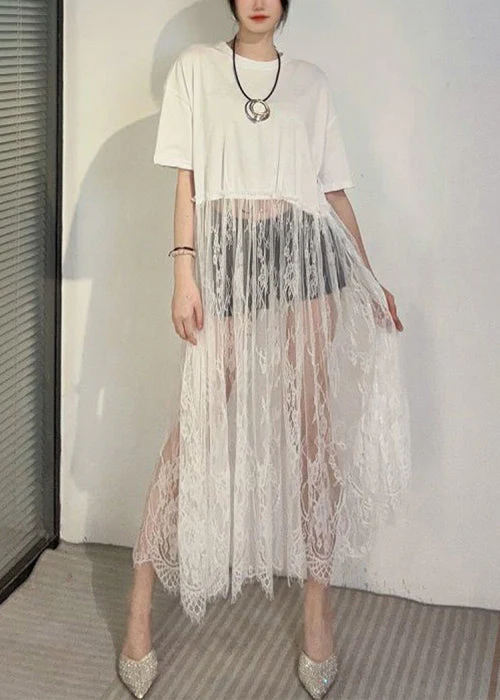 Elegant Black Hollow Out Lace Patchwork T Shirt Dress Summer - Image 3
