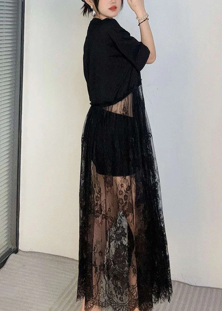 Elegant Black Hollow Out Lace Patchwork T Shirt Dress Summer - Image 4