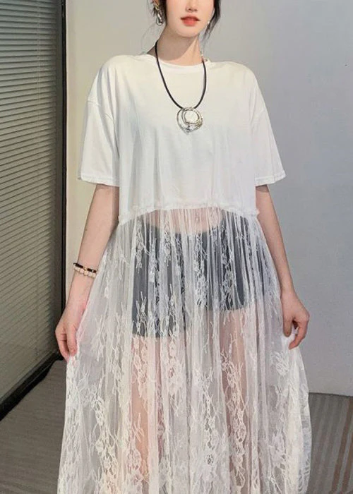 Elegant Black Hollow Out Lace Patchwork T Shirt Dress Summer - Image 5