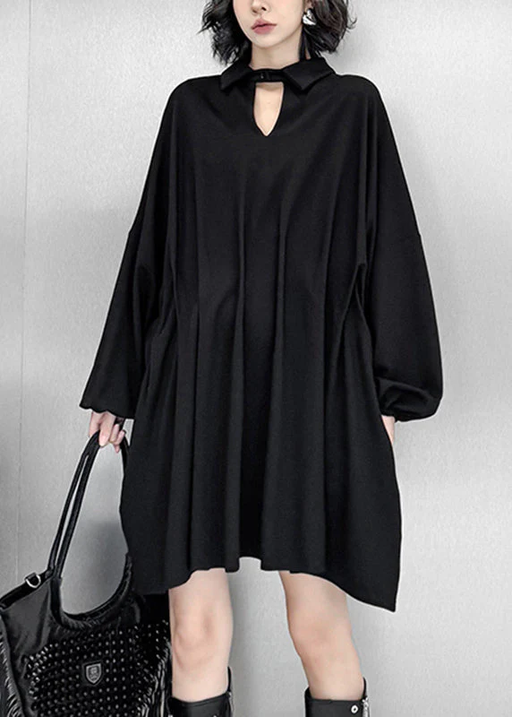 Elegant Black Hollow Out Solid Mid Dress Lantern Sleeve - Image 2