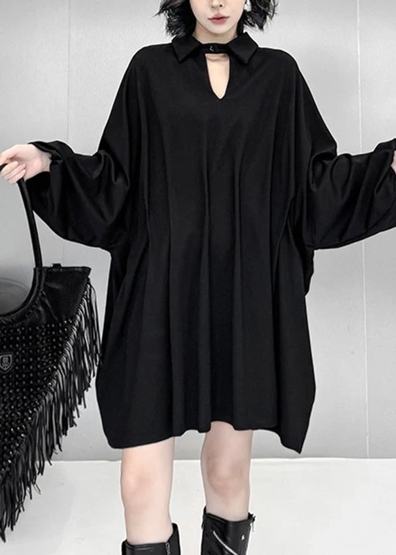 Elegant Black Hollow Out Solid Mid Dress Lantern Sleeve - Image 3
