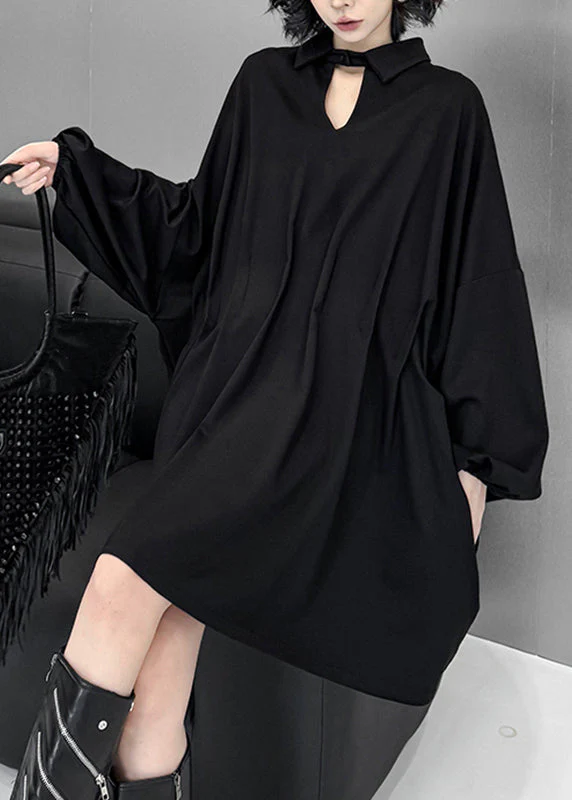 Elegant Black Hollow Out Solid Mid Dress Lantern Sleeve - Image 4