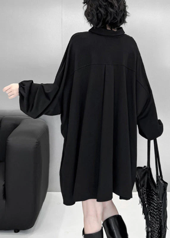 Elegant Black Hollow Out Solid Mid Dress Lantern Sleeve - Image 5