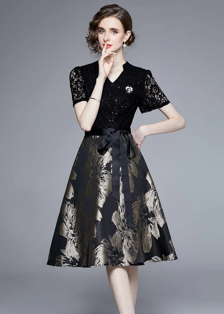 Elegant Black Lace Jacquard Patchwork Tie Waist Silk Mid Dress Summer - Image 2