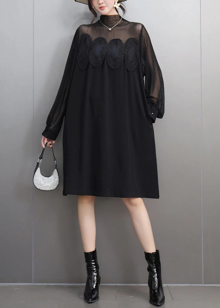 Elegant Black Lace Pockets Tulle Patchwork Dresses Fall - Image 2