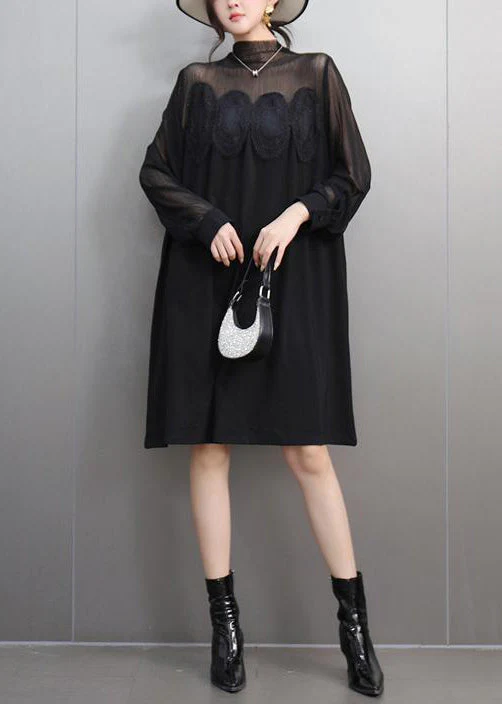 Elegant Black Lace Pockets Tulle Patchwork Dresses Fall - Image 3