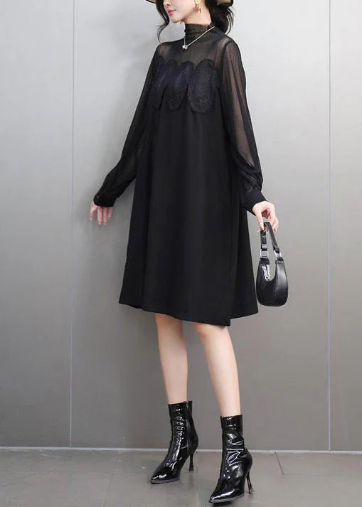 Elegant Black Lace Pockets Tulle Patchwork Dresses Fall - Image 4