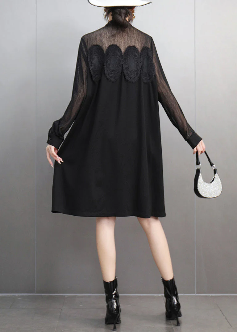 Elegant Black Lace Pockets Tulle Patchwork Dresses Fall - Image 5
