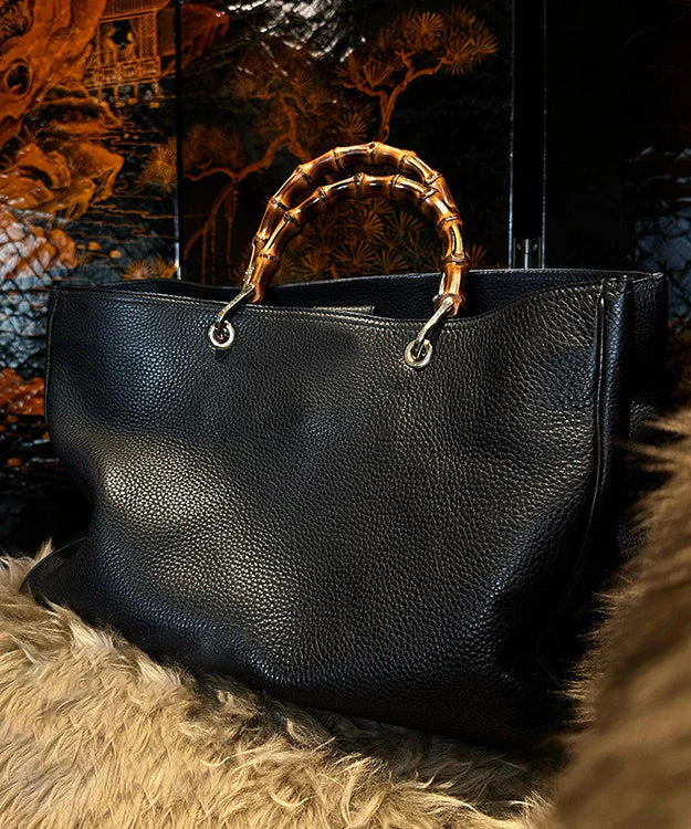 Elegant Black Large Capacity Solid Durable Leather Tote Handbag - Image 3