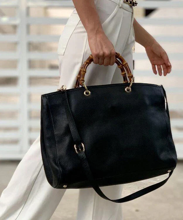 Elegant Black Large Capacity Solid Durable Leather Tote Handbag - Image 4